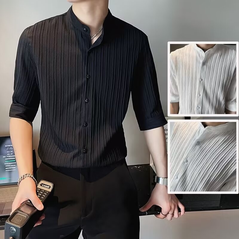 Muška košulja s ovratnikom stojićim, kratki rukav, prugasta, uski kroj, Ice Silk-Nylon tkanina