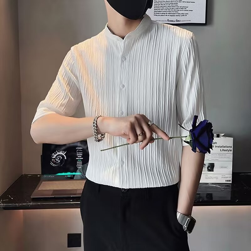 Muška košulja s ovratnikom stojićim, kratki rukav, prugasta, uski kroj, Ice Silk-Nylon tkanina
