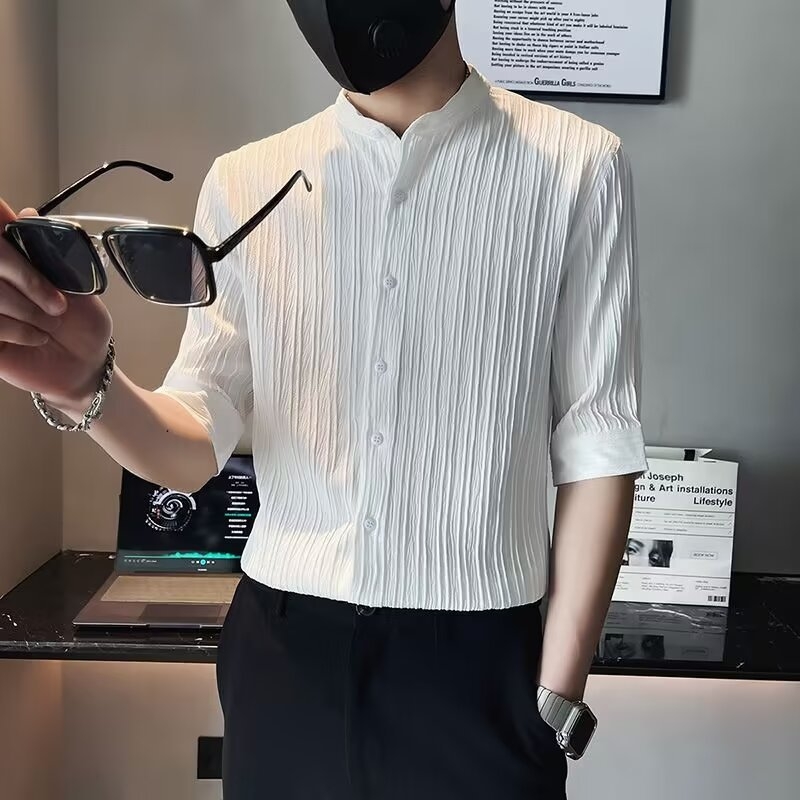Muška košulja s ovratnikom stojićim, kratki rukav, prugasta, uski kroj, Ice Silk-Nylon tkanina