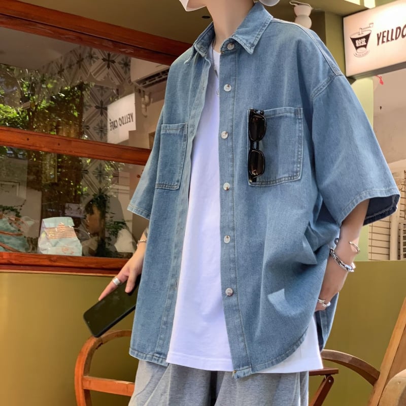 Muška denim košulja, slobodan kroj, jednostavan uzorak
