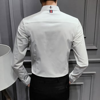 Košulja s dugim rukavima u korejskom stilu, slim-fit, kvadratni ovratnik, izvezen detalj, mješavina poliester/pamuk/elastan, pogodna za posao u proljeće i jesen