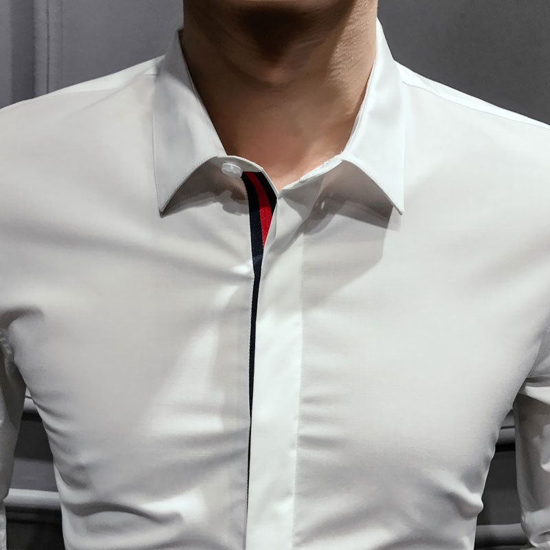 Košulja s dugim rukavima u korejskom stilu, slim-fit, kvadratni ovratnik, izvezen detalj, mješavina poliester/pamuk/elastan, pogodna za posao u proljeće i jesen