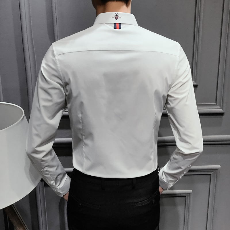 Košulja s dugim rukavima u korejskom stilu, slim-fit, kvadratni ovratnik, izvezen detalj, mješavina poliester/pamuk/elastan, pogodna za posao u proljeće i jesen