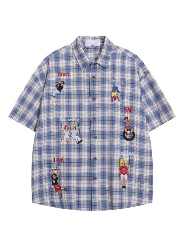 Košeľa s károvaným vzorom, reverový golier, krátke rukávy, voľný strih, 96% polyester
