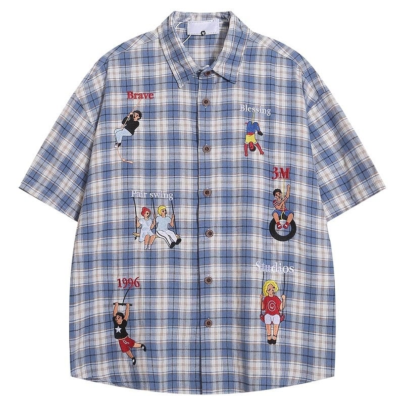 Košeľa s károvaným vzorom, reverový golier, krátke rukávy, voľný strih, 96% polyester