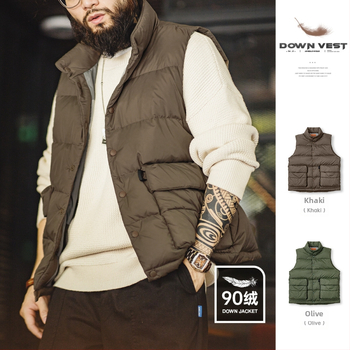 Muški down vest s visokim ovratnikom, bez kapuljače, nylon materijal, punilo od downa, jednobojni model, zimsko svakodnevno nošenje