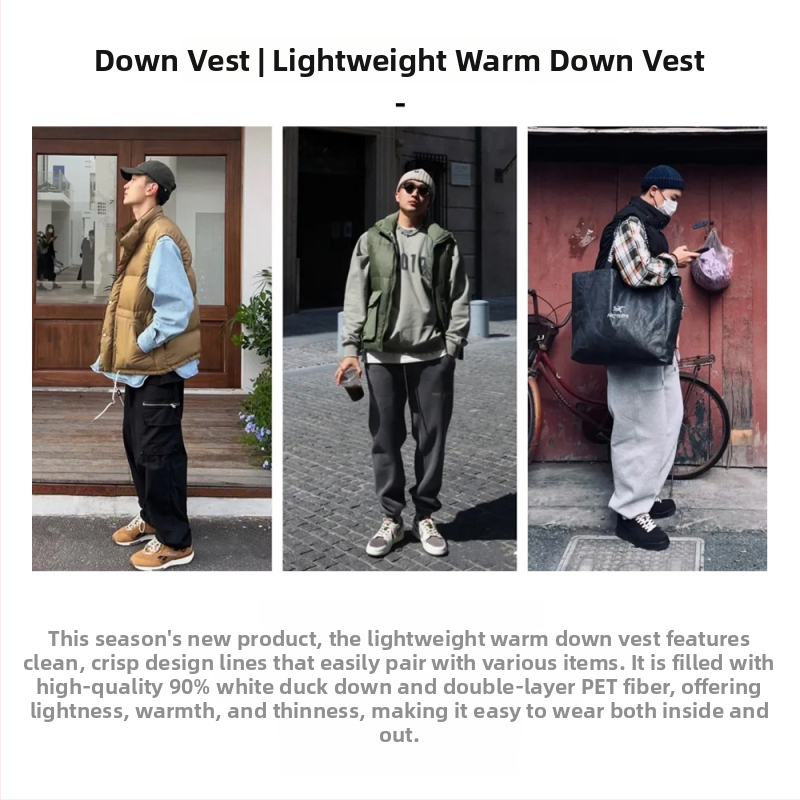 Muški down vest s visokim ovratnikom, bez kapuljače, nylon materijal, punilo od downa, jednobojni model, zimsko svakodnevno nošenje