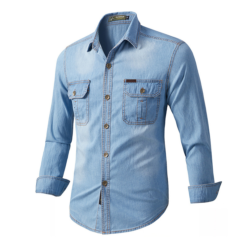 Muška denim košulja s dugim rukavima, rever ovratnik, 100% pamuk, pijeskovano pranje