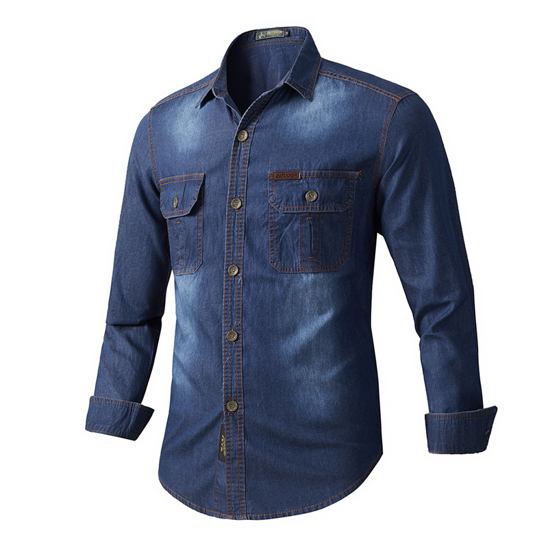 Muška denim košulja s dugim rukavima, rever ovratnik, 100% pamuk, pijeskovano pranje