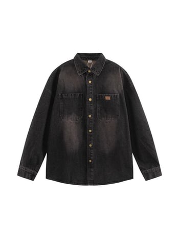 Πουκάμισο από τζίν με πολυεστέρα 96%+, ιαπωνικό ρετρό στυλ καριγκάν, φαρδιά γραμμή, πέτο γιακά, μακριά μανίκια