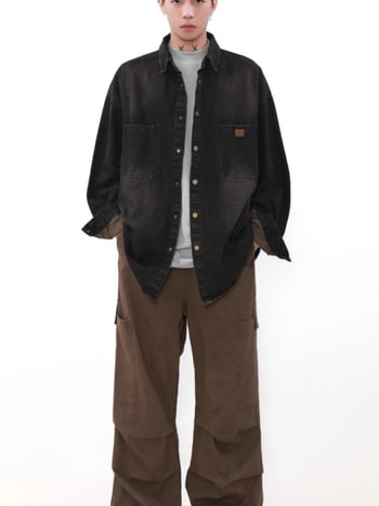 Πουκάμισο από τζίν με πολυεστέρα 96%+, ιαπωνικό ρετρό στυλ καριγκάν, φαρδιά γραμμή, πέτο γιακά, μακριά μανίκια