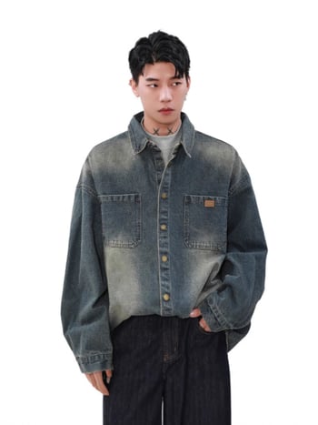 Πουκάμισο από τζίν με πολυεστέρα 96%+, ιαπωνικό ρετρό στυλ καριγκάν, φαρδιά γραμμή, πέτο γιακά, μακριά μανίκια