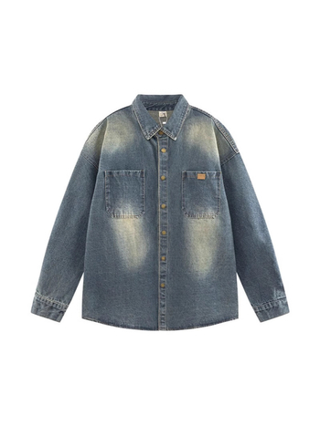 Πουκάμισο από τζίν με πολυεστέρα 96%+, ιαπωνικό ρετρό στυλ καριγκάν, φαρδιά γραμμή, πέτο γιακά, μακριά μανίκια