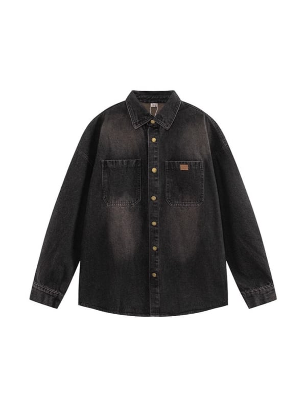 Πουκάμισο από τζίν με πολυεστέρα 96%+, ιαπωνικό ρετρό στυλ καριγκάν, φαρδιά γραμμή, πέτο γιακά, μακριά μανίκια