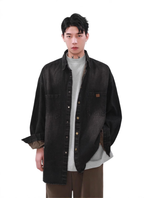 Πουκάμισο από τζίν με πολυεστέρα 96%+, ιαπωνικό ρετρό στυλ καριγκάν, φαρδιά γραμμή, πέτο γιακά, μακριά μανίκια
