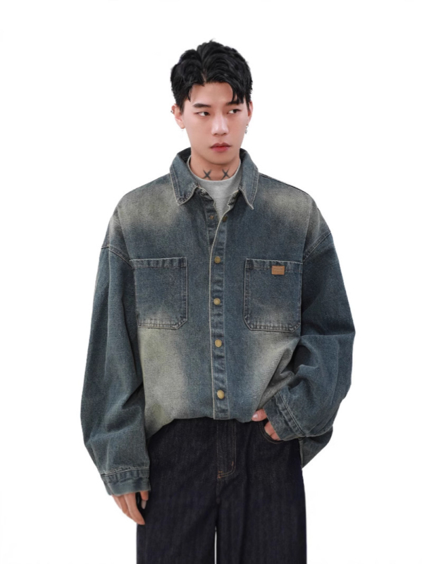 Πουκάμισο από τζίν με πολυεστέρα 96%+, ιαπωνικό ρετρό στυλ καριγκάν, φαρδιά γραμμή, πέτο γιακά, μακριά μανίκια