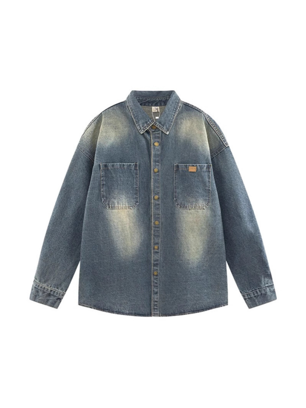 Πουκάμισο από τζίν με πολυεστέρα 96%+, ιαπωνικό ρετρό στυλ καριγκάν, φαρδιά γραμμή, πέτο γιακά, μακριά μανίκια