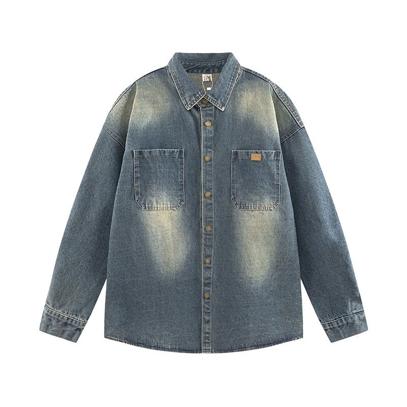 Πουκάμισο από τζίν με πολυεστέρα 96%+, ιαπωνικό ρετρό στυλ καριγκάν, φαρδιά γραμμή, πέτο γιακά, μακριά μανίκια