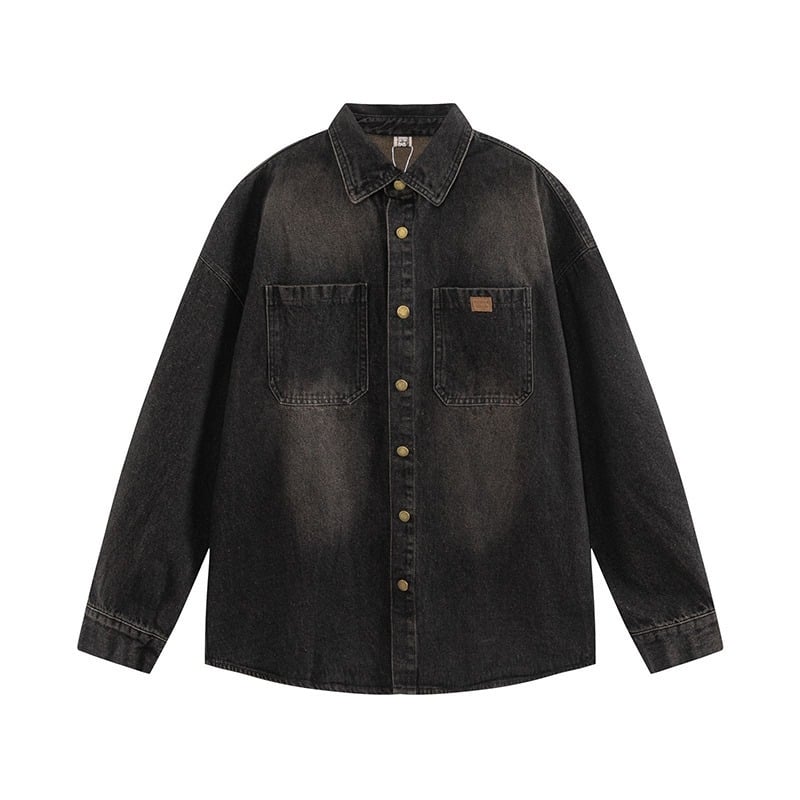 Πουκάμισο από τζίν με πολυεστέρα 96%+, ιαπωνικό ρετρό στυλ καριγκάν, φαρδιά γραμμή, πέτο γιακά, μακριά μανίκια