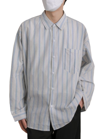 Pánska pruhovaná košľa-kardigán, voľný strih, dlhé rukávy, detail vrecka, tkanina bavlno-zmes s 55% polyesterom