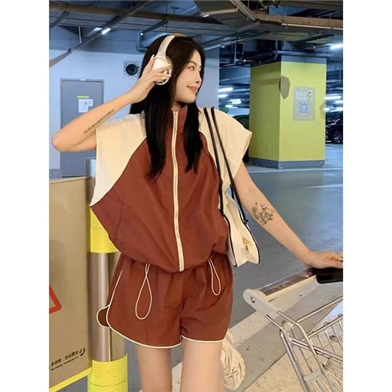 Dvije dijelne plažne haljine, A-linija suknja, bez rukava, elastičan pojas, rever ovratnik (TR tkanina; uzorak usklađivanja boja)