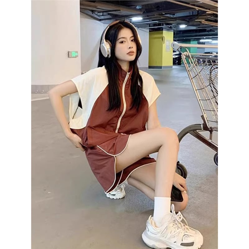 Dvije dijelne plažne haljine, A-linija suknja, bez rukava, elastičan pojas, rever ovratnik (TR tkanina; uzorak usklađivanja boja)