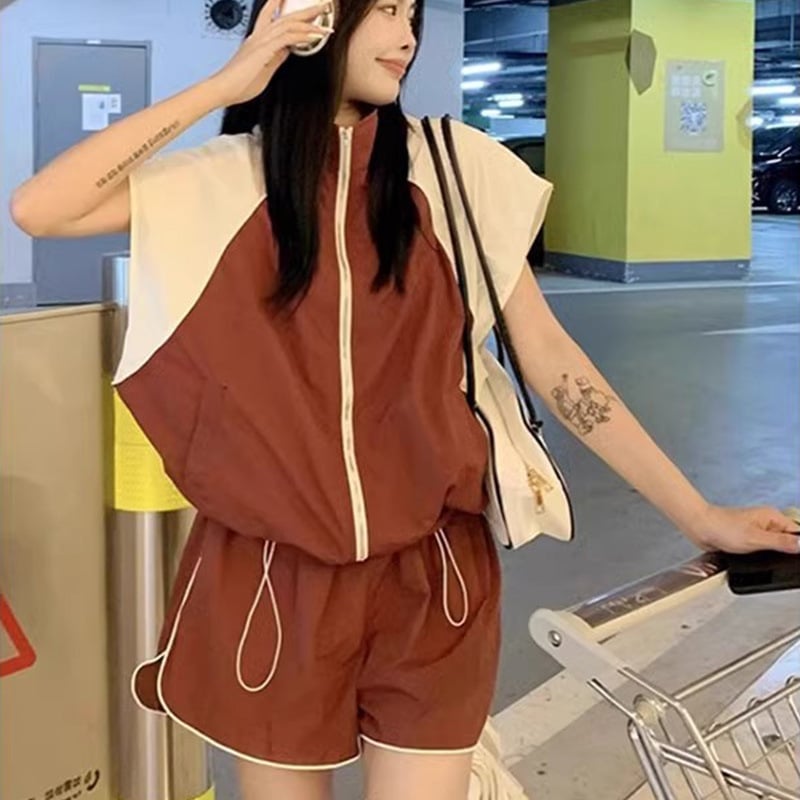 Dvije dijelne plažne haljine, A-linija suknja, bez rukava, elastičan pojas, rever ovratnik (TR tkanina; uzorak usklađivanja boja)