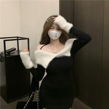 Jednoručna pletena haljina, poliester, visok struk, dugi rukavi, kratki rub