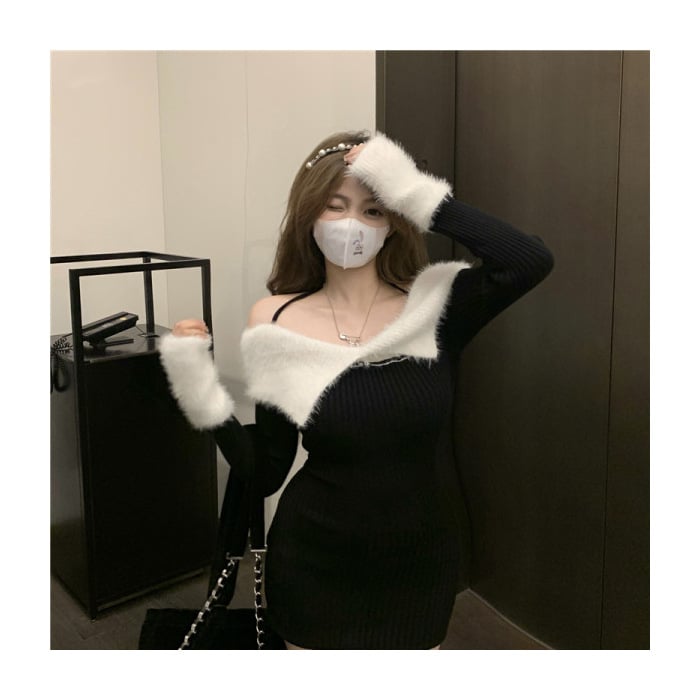 Jednoručna pletena haljina, poliester, visok struk, dugi rukavi, kratki rub