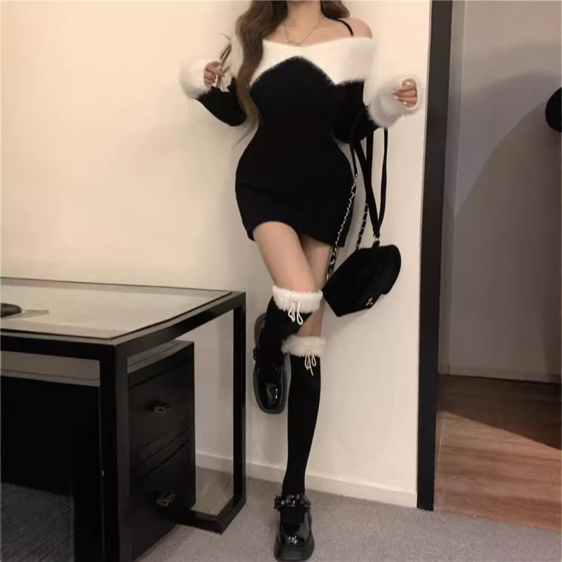 Jednoručna pletena haljina, poliester, visok struk, dugi rukavi, kratki rub