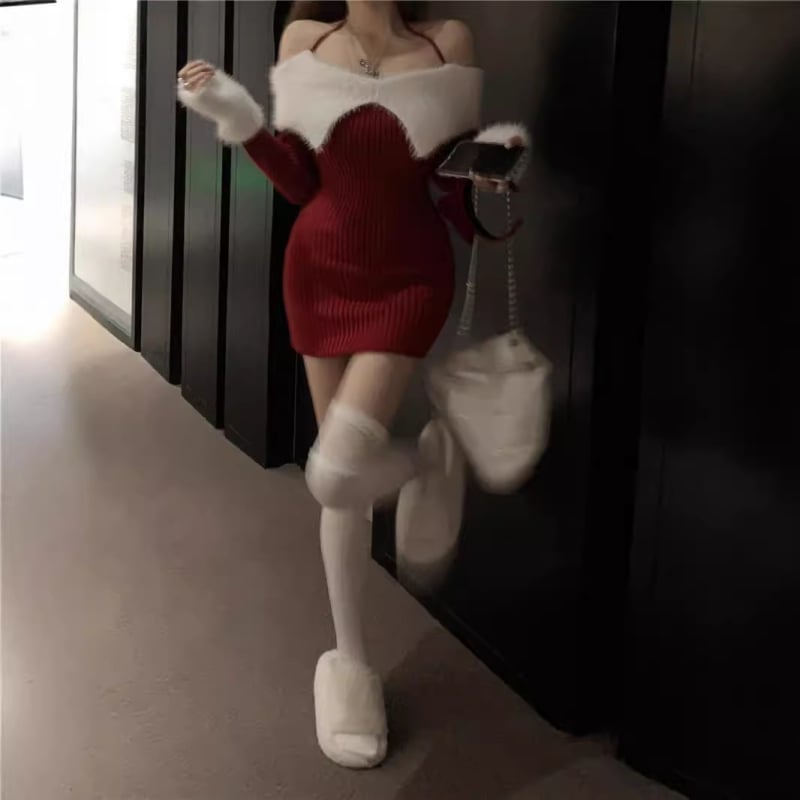 Jednoručna pletena haljina, poliester, visok struk, dugi rukavi, kratki rub