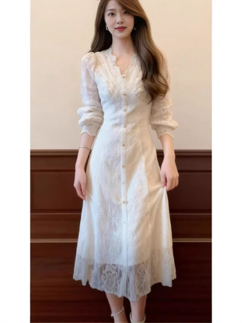 Rochie cu mâneci lungi, croială A-line, decolteu în V, broderie, talie la mijloc