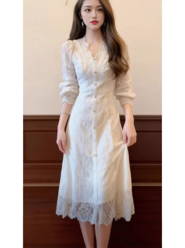 Rochie cu mâneci lungi, croială A-line, decolteu în V, broderie, talie la mijloc