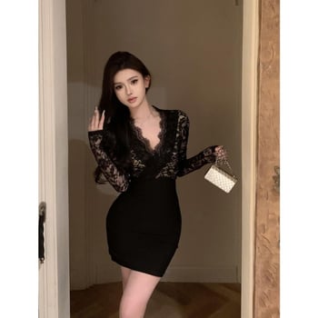 Haljina s čipkastim detaljima, dugi rukavi, V-izrez, kratka duljina, materijal poliester-mješavina