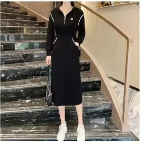 Ženska haljina s kapuljom, A-linije kroja, srednja duljina, poliester, elastični pojas, dugi rukavi