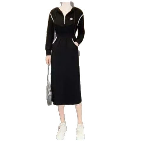 Ženska haljina s kapuljom, A-linije kroja, srednja duljina, poliester, elastični pojas, dugi rukavi