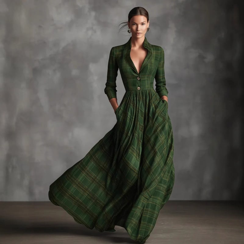 Haljina košulskog stila s kariranim uzorkom, poliester s elastanom, dugi rukavi, ovratnik košulje, uski kroj