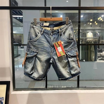 Vyrų džinsinių šortų - laisvas tiesus kirpimas, vidutinė juosta, fleece pamušalas, plovimas vandeniu