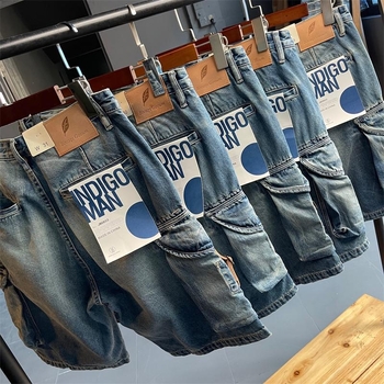 Vyrų džinsinių šortų - laisvas tiesus kirpimas, vidutinė juosta, fleece pamušalas, plovimas vandeniu