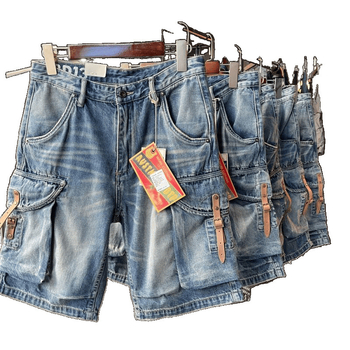 Vyrų džinsinių šortų - laisvas tiesus kirpimas, vidutinė juosta, fleece pamušalas, plovimas vandeniu