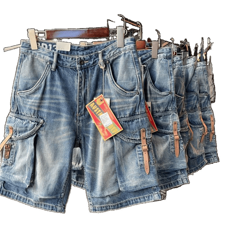 Vyrų džinsinių šortų - laisvas tiesus kirpimas, vidutinė juosta, fleece pamušalas, plovimas vandeniu