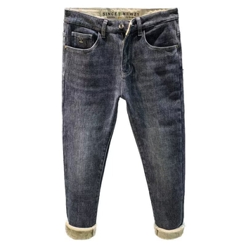 Vyriški džinsai su fleece įdaila, tiesus kirpimas, vidurinis liemuo, užtrauktukas, kišenės su dekoru