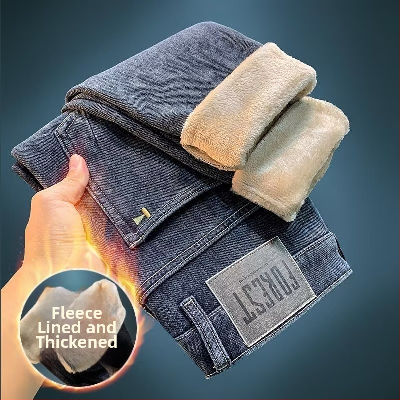 Vyriški džinsai su fleece įdaila, tiesus kirpimas, vidurinis liemuo, užtrauktukas, kišenės su dekoru