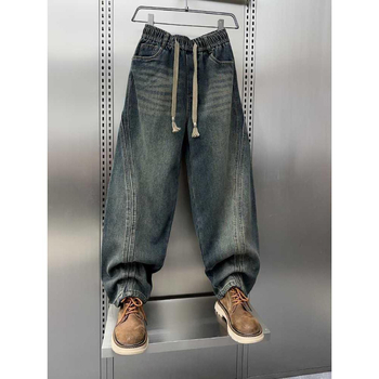 Vyriski žieminiai džinsai su įdaru, platus kirpimas, vidutinis juosmuo, užtrauktukas, chenille audinys su triušių plaukais