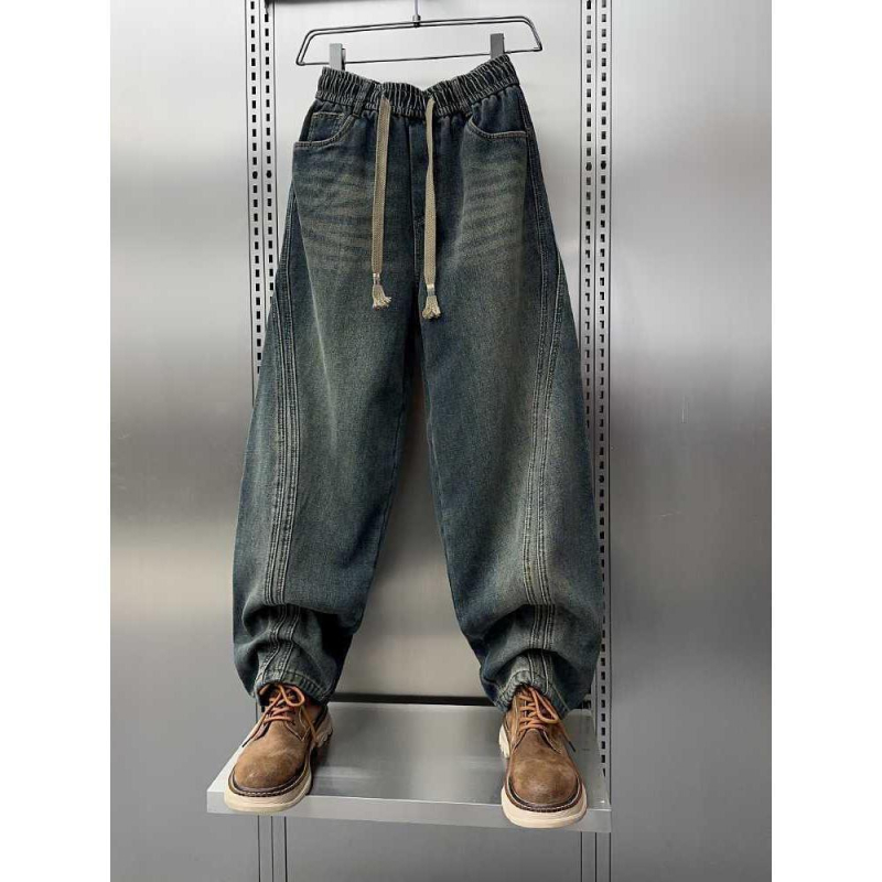 Vyriski žieminiai džinsai su įdaru, platus kirpimas, vidutinis juosmuo, užtrauktukas, chenille audinys su triušių plaukais