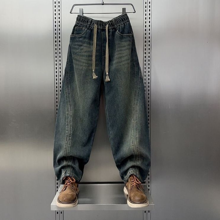 Žieminiai džinsai su fliso įdėklu vyriškiems, platus kelnių kirpimas, vidutinio aukščio liemuo, užtrauktukas, chenille audinys su triušių plaukais