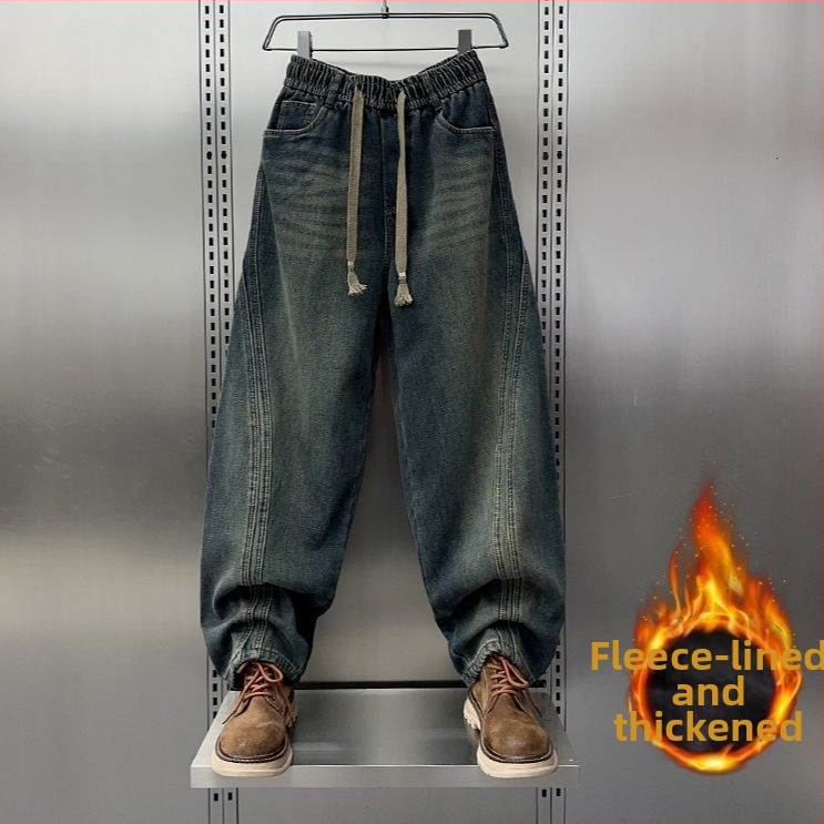 Žieminiai džinsai su fliso įdėklu vyriškiems, platus kelnių kirpimas, vidutinio aukščio liemuo, užtrauktukas, chenille audinys su triušių plaukais
