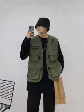 Japonijos stiliaus laisva liemenė su užtrauktuku, poliesterio pluošto mišinys