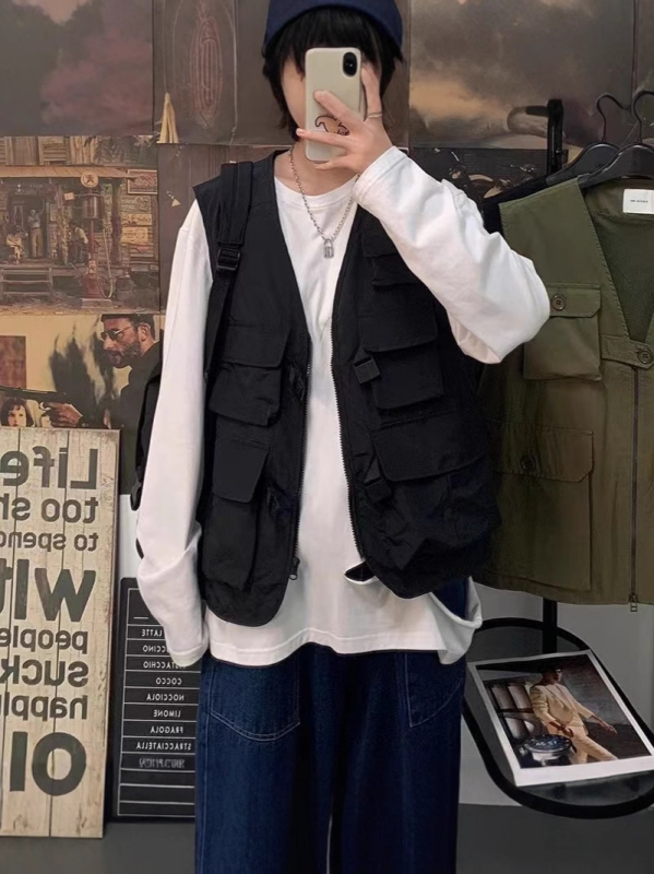 Vyrų liemenė su japonišku stiliumi, laisva kirpimo, be rankovių, užtrauktukas, plonas poliesteris 100%