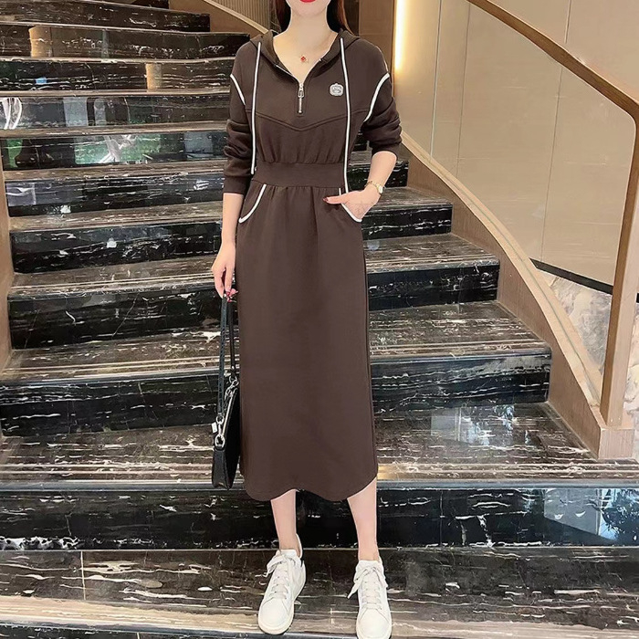 Dámske šaty s kapucňou, A-línia, midi dĺžka, elastický pás, polyester